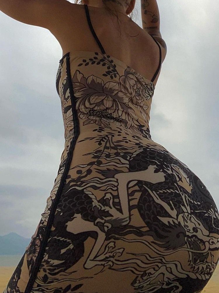 Ärmlös V-Ringad Ankellång Sommarblommig Bodycon-Klänning