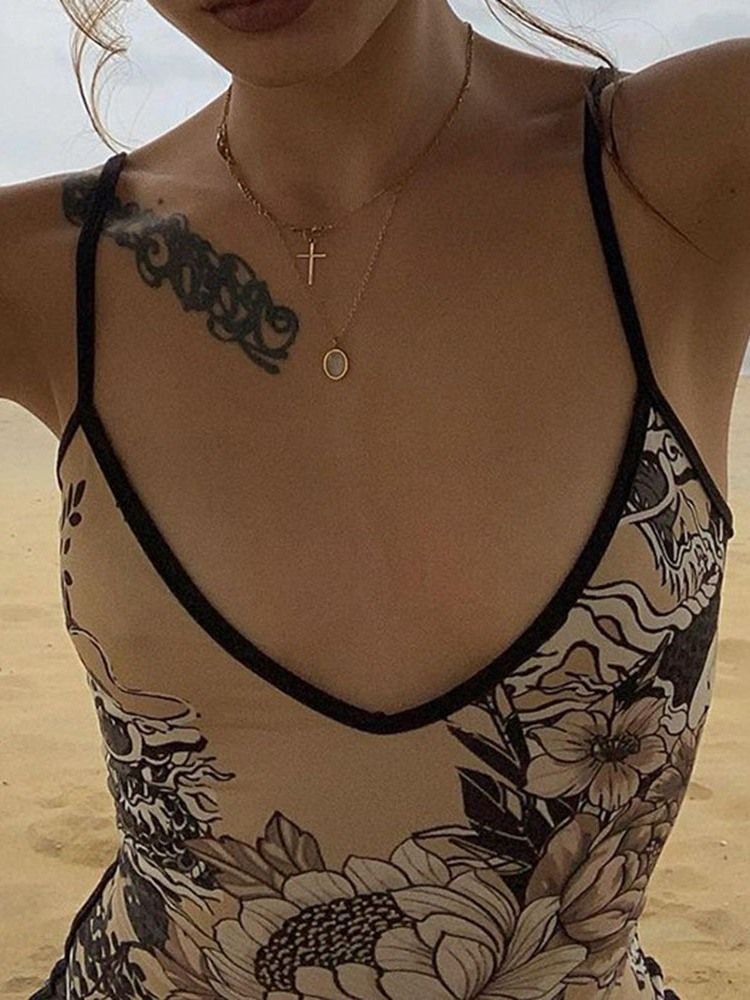Ärmlös V-Ringad Ankellång Sommarblommig Bodycon-Klänning