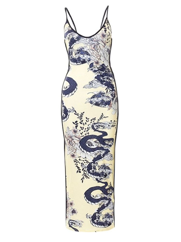 Ärmlös V-Ringad Ankellång Sommarblommig Bodycon-Klänning
