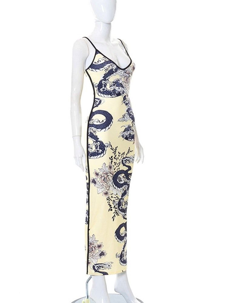 Ärmlös V-Ringad Ankellång Sommarblommig Bodycon-Klänning