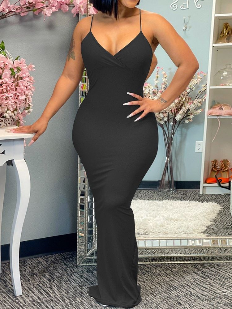Ärmlös V-Ringad Delad Sexig Bodycon-Klänning