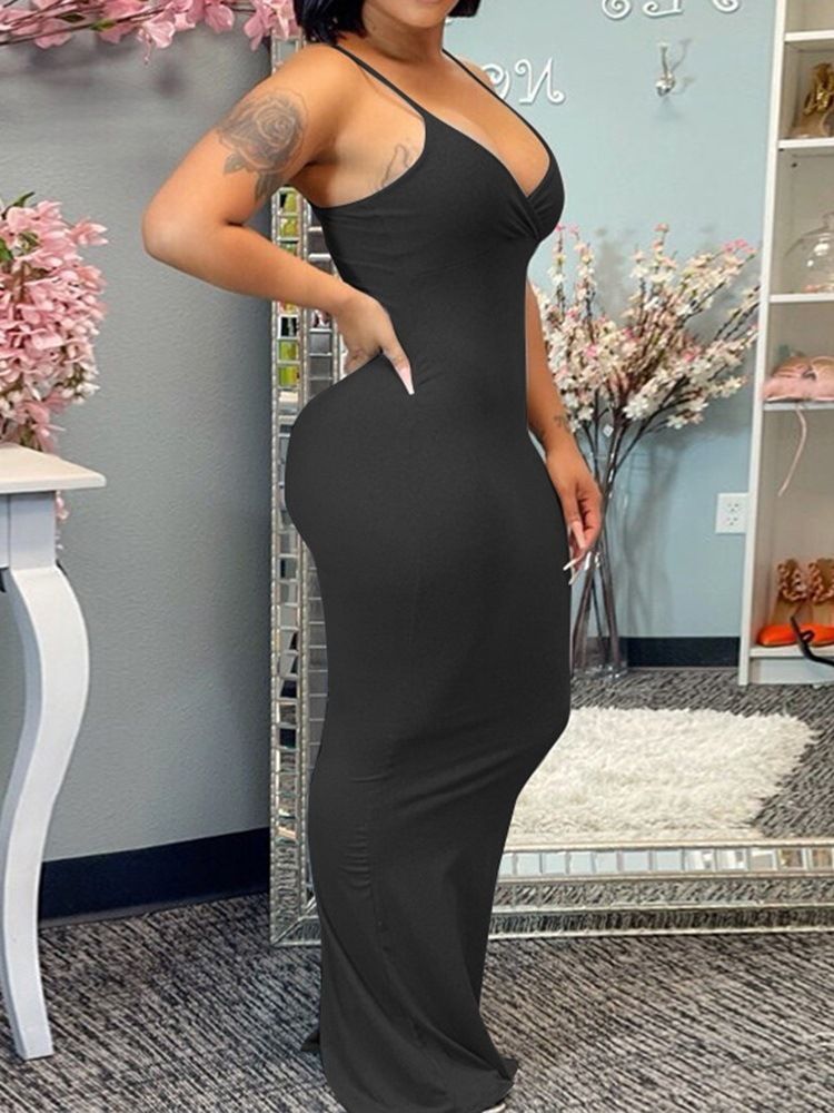 Ärmlös V-Ringad Delad Sexig Bodycon-Klänning