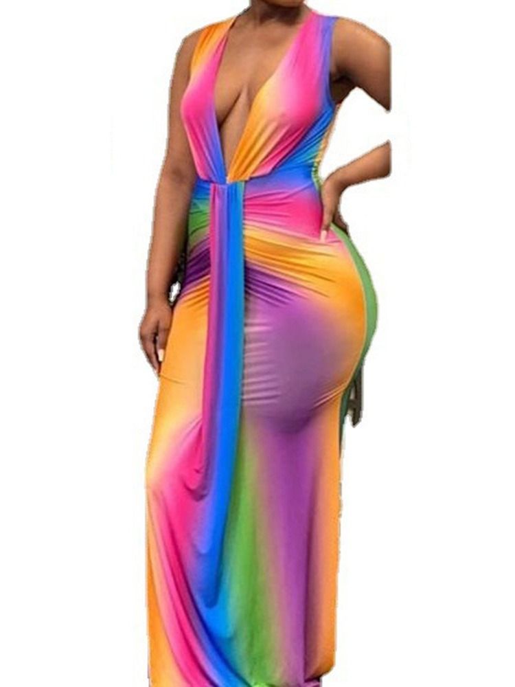 Ärmlös V-Ringad Golvlång Western Bodycon-Klänning