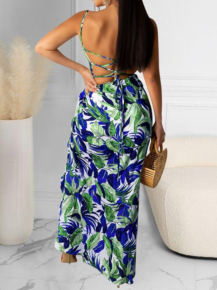 Ärmlöst Tryck Golvlång Plant Sexig Bodycon Klänning