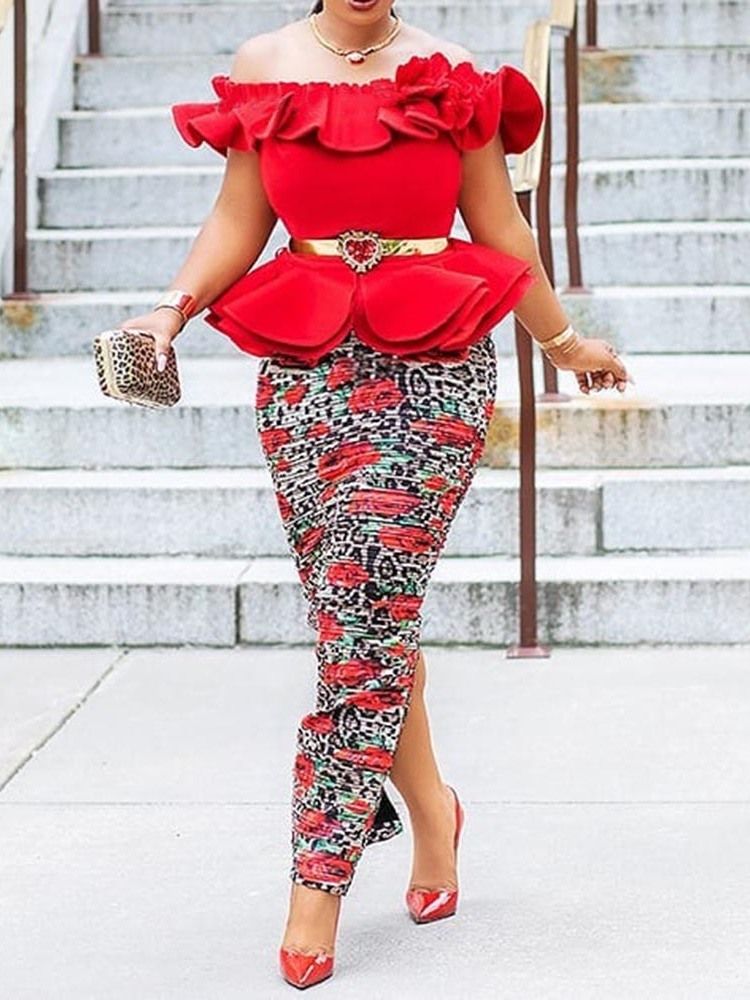 Afrikanskt Mode Off Shoulder Bodycon Volanger Ankellång Klänning (Utan Midjeband)