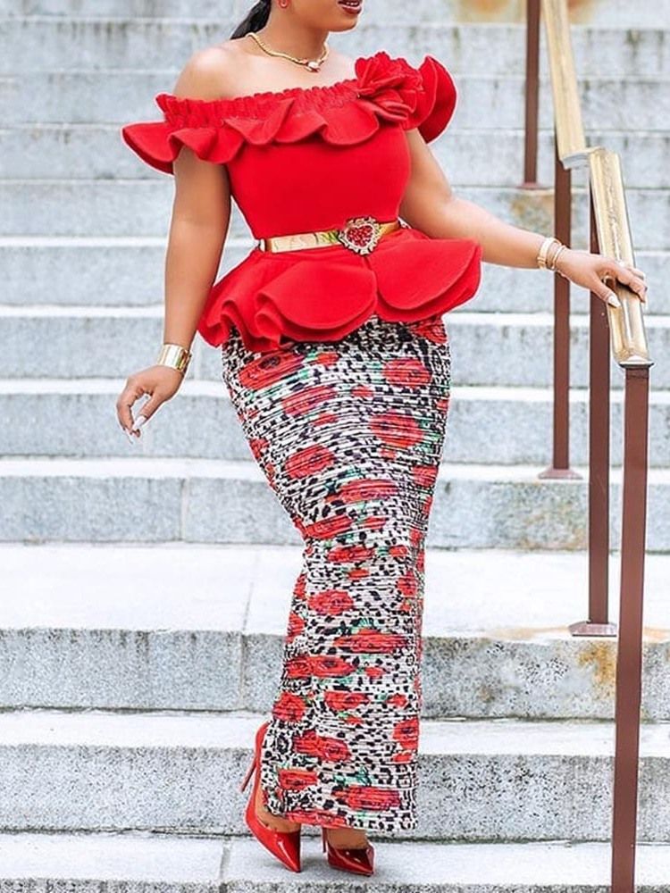 Afrikanskt Mode Off Shoulder Bodycon Volanger Ankellång Klänning (Utan Midjeband)