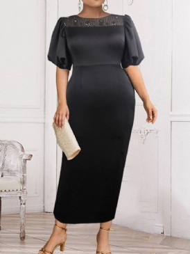 Ankellång Halvärm Patchwork Pullover Svart Bodycon Klänning Plus Size