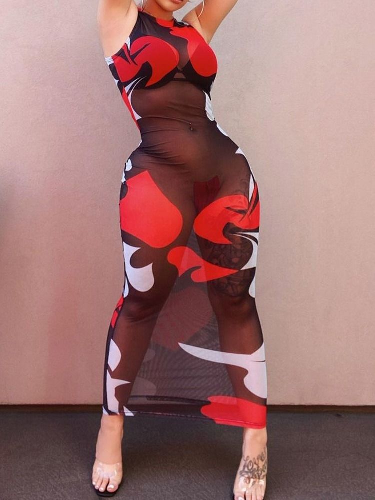 Ankellång Patchwork Ärmlös Pullover Bodycon Klänning