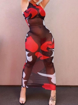 Ankellång Patchwork Ärmlös Pullover Bodycon Klänning