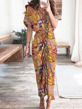 Ankellång Patchwork Kortärmad Color Block Bodycon Klänning