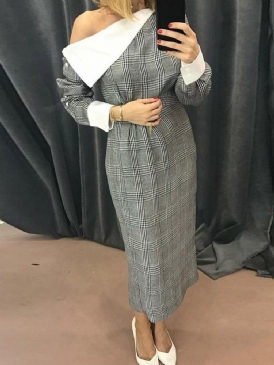 Ankellång Patchwork Långärmad Color Block Bodycon Klänning