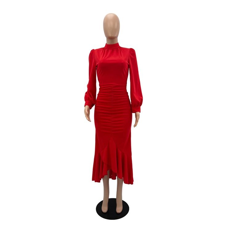 Asymmetrisk Långärmad Mid-Kalv Sjöjungfru Hög Midja Bodycon-Klänning