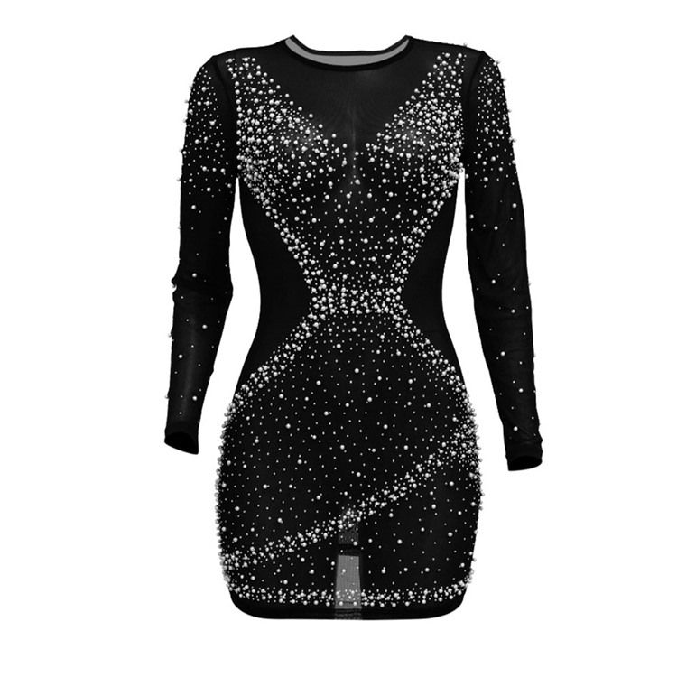 Bead Above Knee Långärmad Normal Fashion Bodycon Klänning