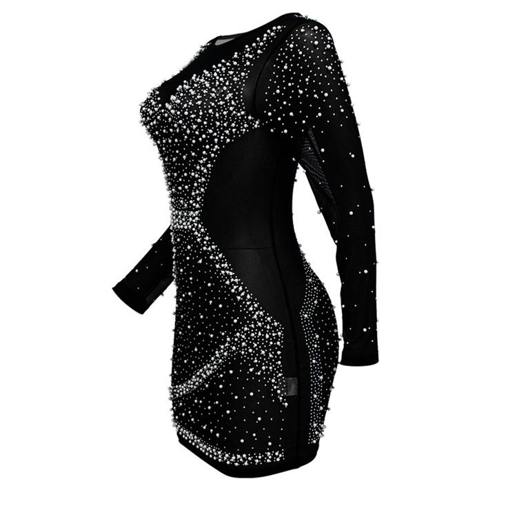 Bead Above Knee Långärmad Normal Fashion Bodycon Klänning