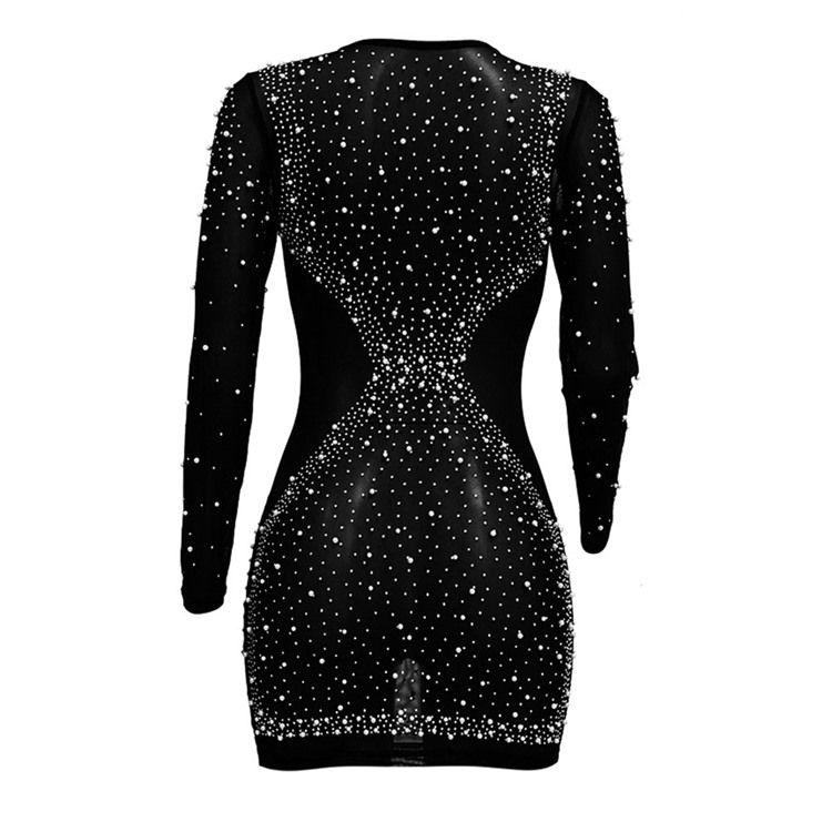 Bead Above Knee Långärmad Normal Fashion Bodycon Klänning