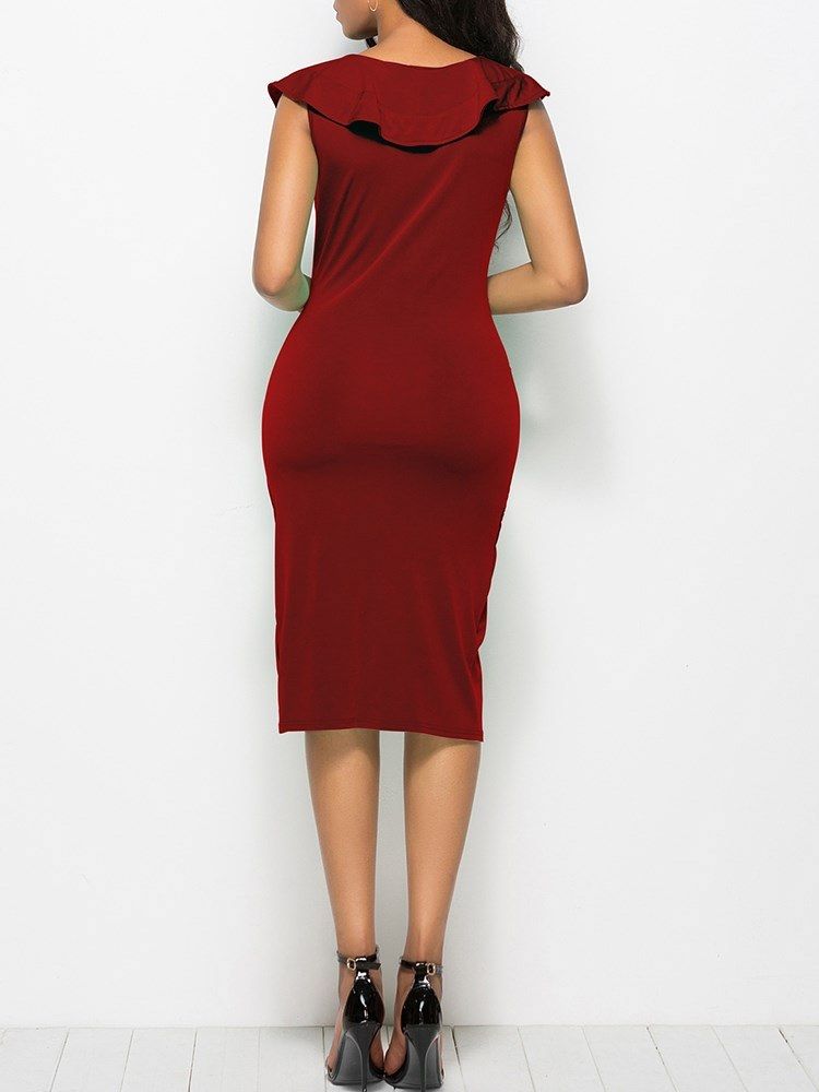 Bodycon V-Neck Ruffles Damklänning