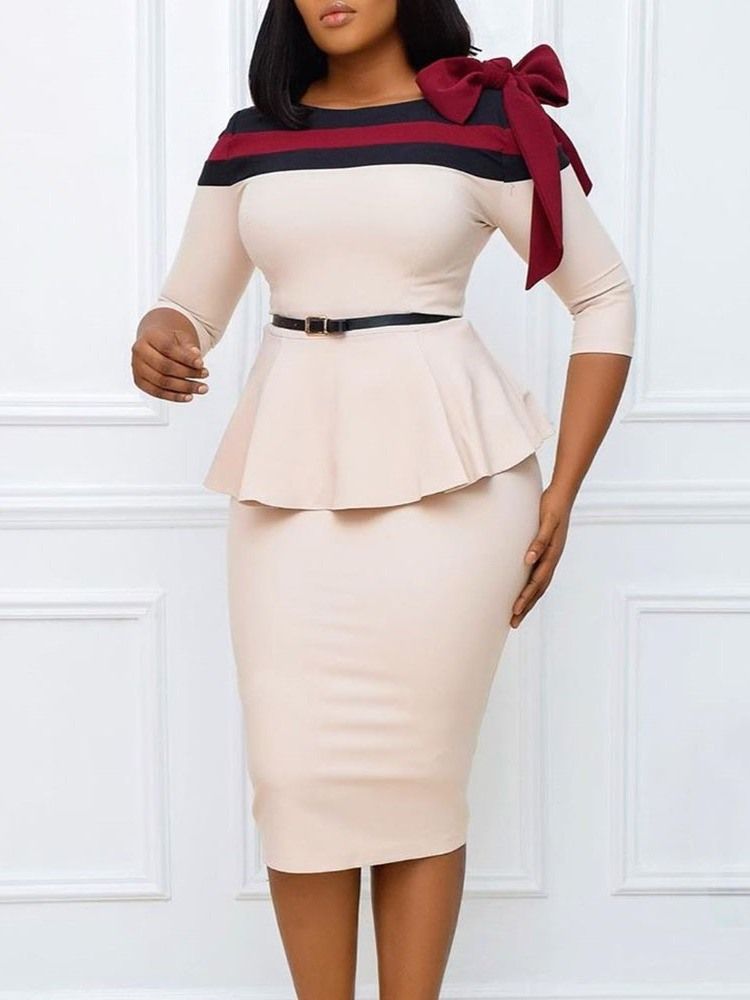 Bowknot Rund Hals Trekvartsärm Bodycon High Waist Klänning
