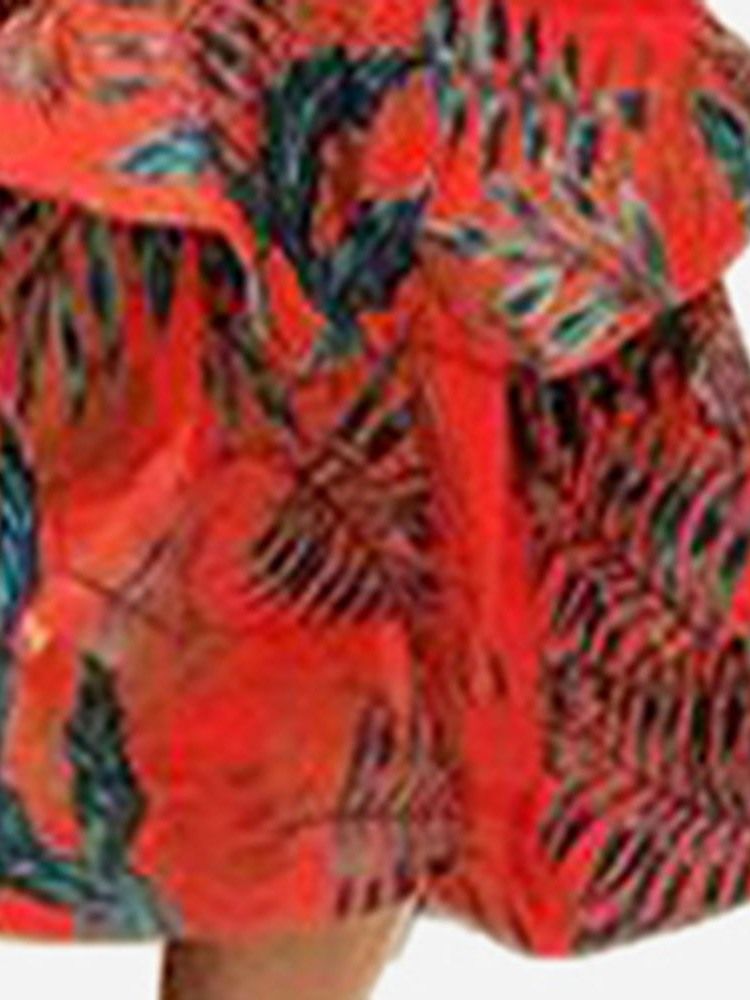 Cap Sleeve Plant V-Neck Print Volanger Klänning