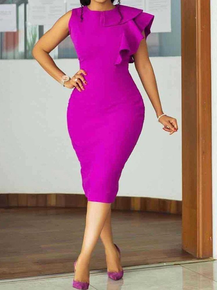 Capsleeve Mid-Calf Falbala Plain Elegant Klänning