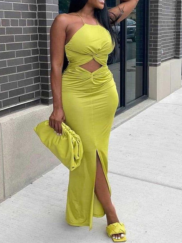 Delad Ärmlös Golvlång Mode Enfärgad Bodycon-Klänning