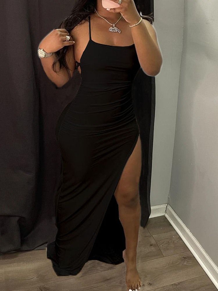 Delad Ärmlös Golvlång Spaghetti Strap Bodycon Klänning