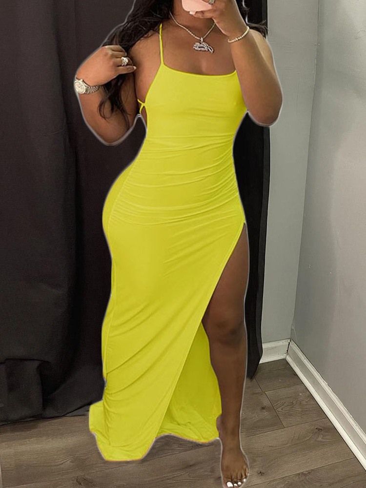 Delad Ärmlös Golvlång Spaghetti Strap Bodycon Klänning