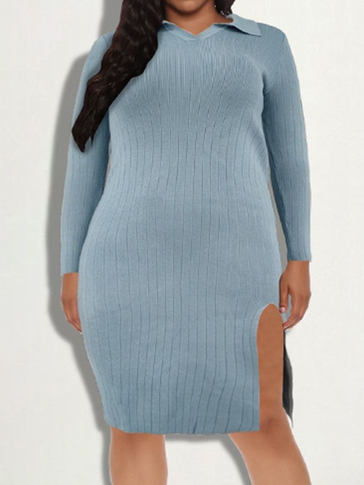 Delad Knälång Långärmad Vanlig Pullover Bodycon Klänning