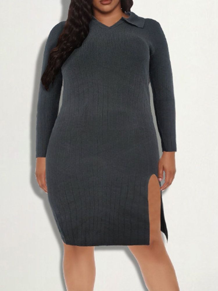 Delad Knälång Långärmad Vanlig Pullover Bodycon Klänning