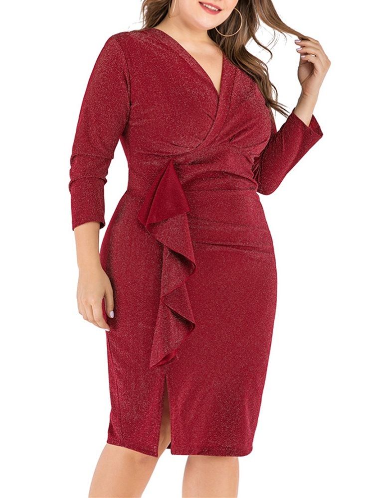 Delad Knälång V-Hals Höst Bodycon Klänning