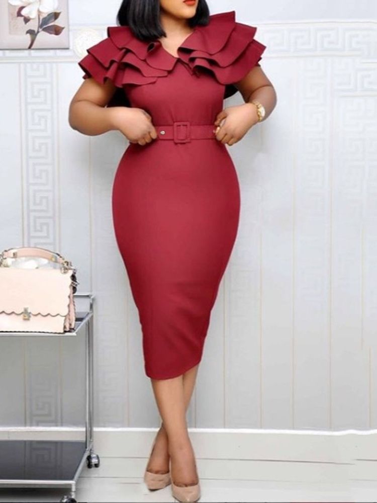 Delad Kortärmad Mid-Kalv Enkel Volangärmad Bodycon-Klänning