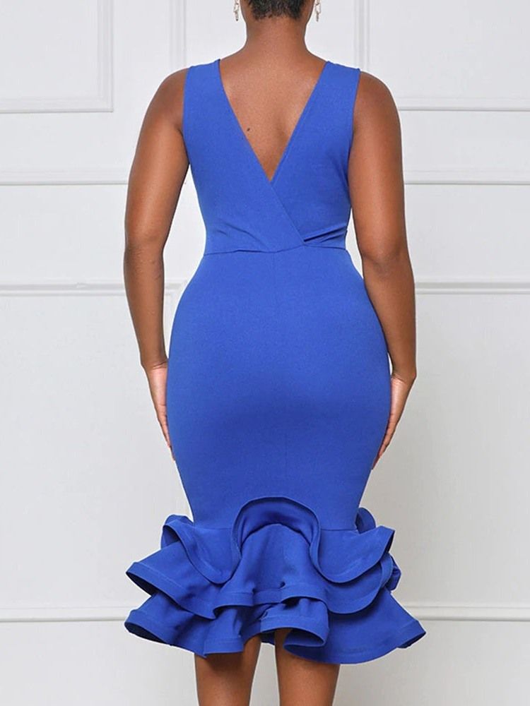 Falbala Ärmlös Mid-Kalv Hög Midja Mermaid Bodycon Klänning