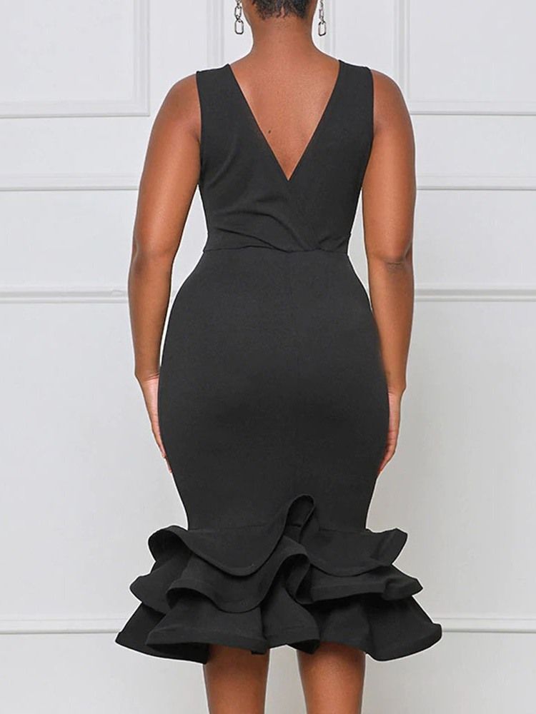 Falbala Ärmlös Mid-Kalv Hög Midja Mermaid Bodycon Klänning