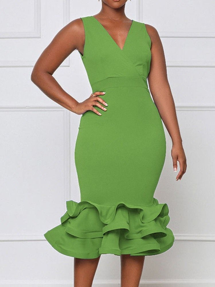 Falbala Ärmlös Mid-Kalv Hög Midja Mermaid Bodycon Klänning