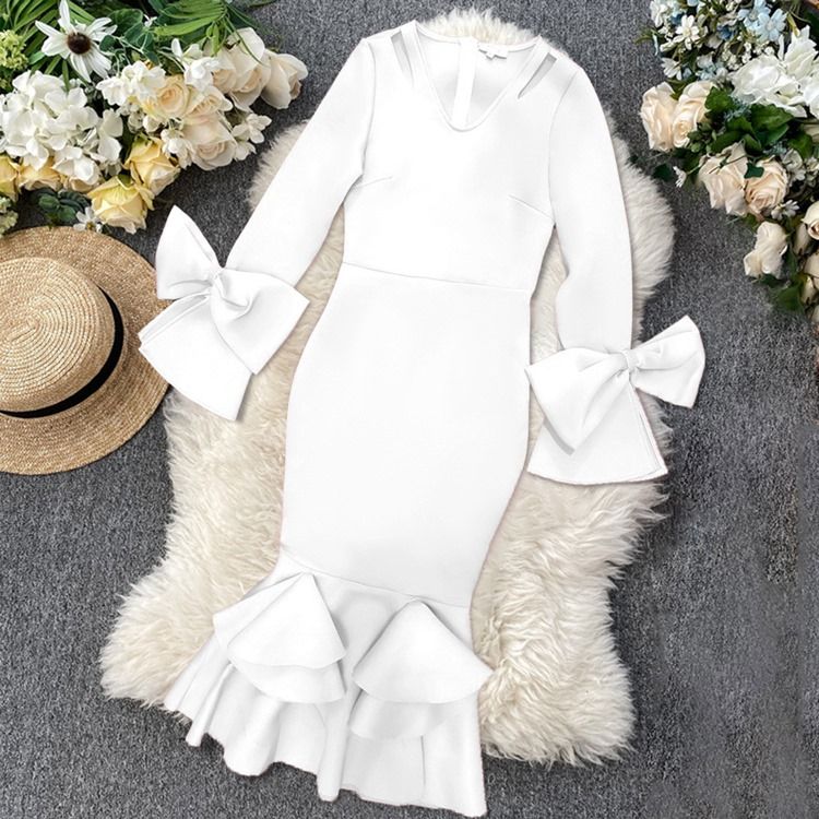 Falbala Mid-Calf Långärmad Sjöjungfru Hög Midja Plus Size Bodycon Klänning
