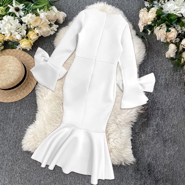 Falbala Mid-Calf Långärmad Sjöjungfru Hög Midja Plus Size Bodycon Klänning