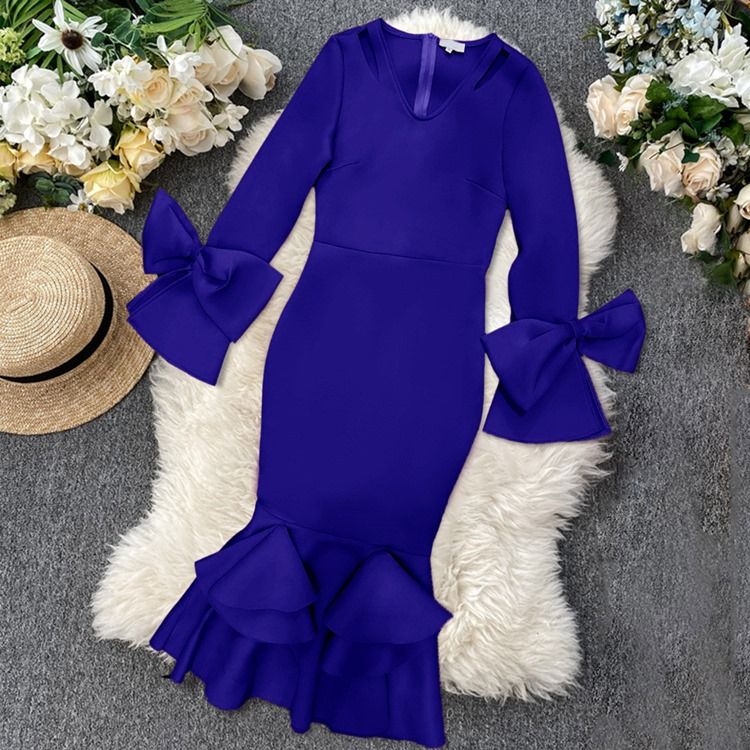 Falbala Mid-Calf Långärmad Sjöjungfru Hög Midja Plus Size Bodycon Klänning