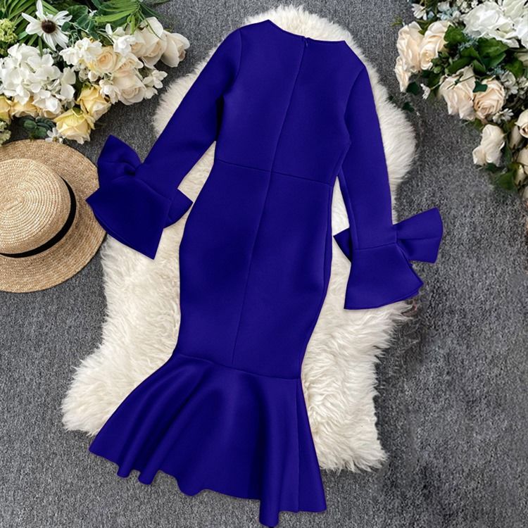 Falbala Mid-Calf Långärmad Sjöjungfru Hög Midja Plus Size Bodycon Klänning