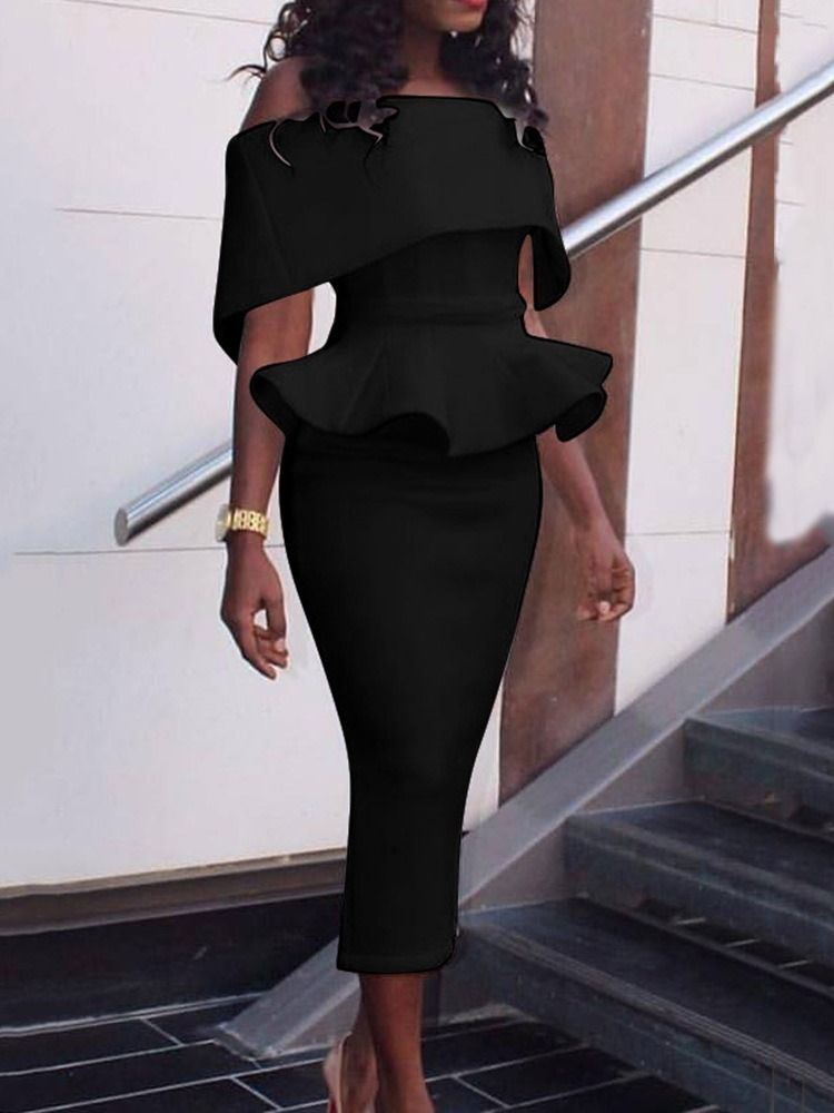 Falbala Off Shoulder Mid-Calf Bodycon Vanlig Damklänning