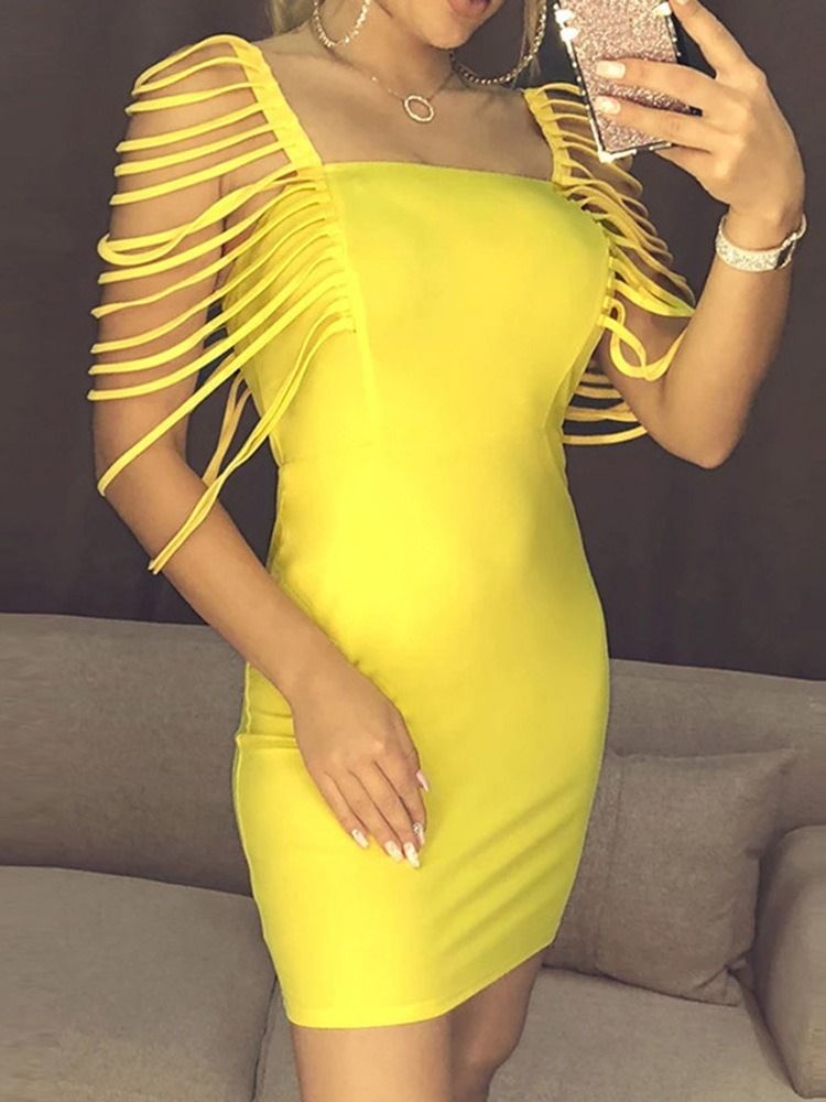 Fyrkantig Hals Kort Ärm Ovanför Knä Office Lady Plain Bodycon Klänning