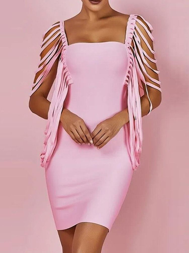 Fyrkantig Hals Kort Ärm Ovanför Knä Office Lady Plain Bodycon Klänning