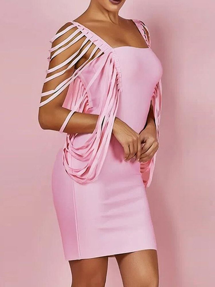 Fyrkantig Hals Kort Ärm Ovanför Knä Office Lady Plain Bodycon Klänning