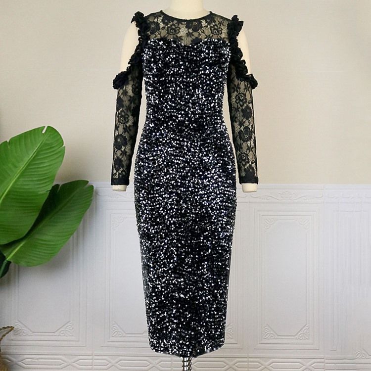 Genomskinlig Mid-Kalv Rund Hals Enkel Hög Midja Bodycon Klänning