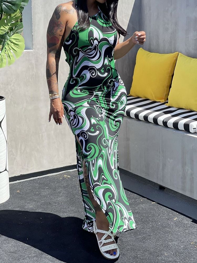 Golvlång Ärmlös Rygglös Halter Bodycon Klänning