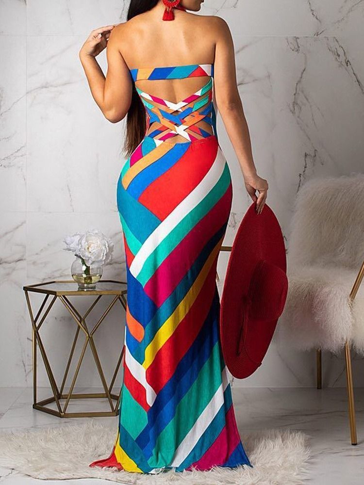 Golvlång Ärmlös Split Strapless Stripe Klänning