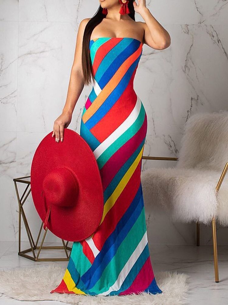 Golvlång Ärmlös Split Strapless Stripe Klänning