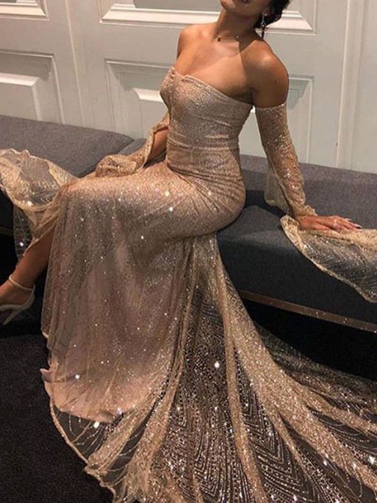 Golvlång Off Shoulder Split Plain Bodycon Klänning