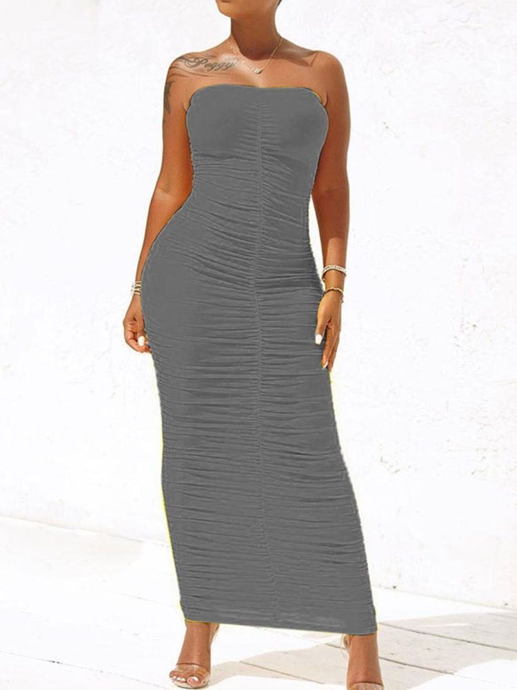 Golvlång Veckad Ärmlös Vanlig Sexig Bodycon-Klänning
