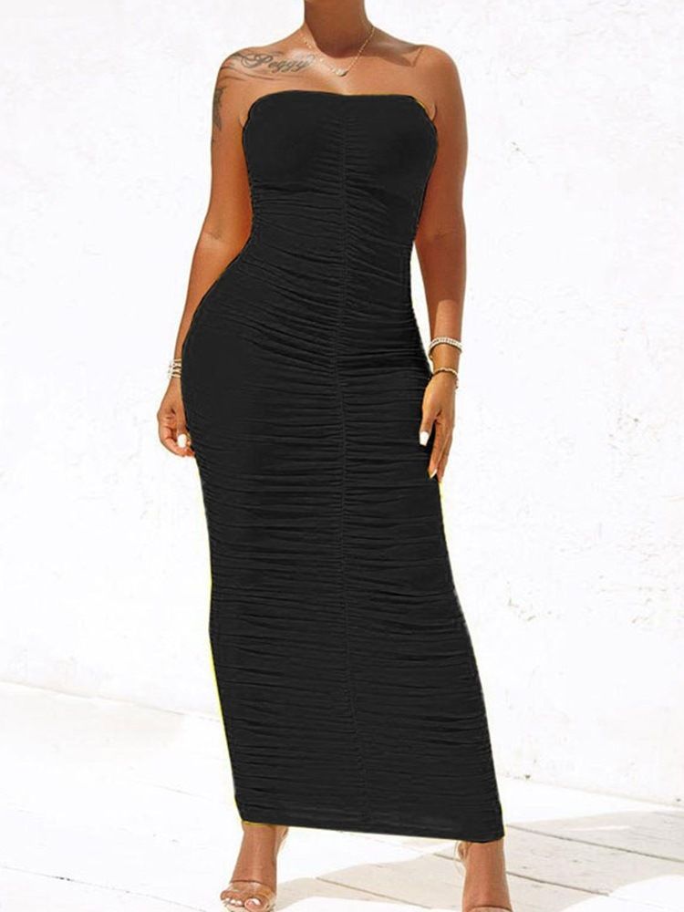 Golvlång Veckad Ärmlös Vanlig Sexig Bodycon-Klänning