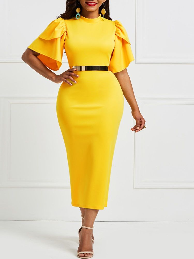 Gul Volangärm Patchwork Bodycon-Klänning (Utan Midjeband)