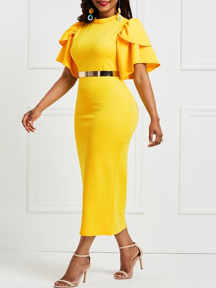 Gul Volangärm Patchwork Bodycon-Klänning (Utan Midjeband)